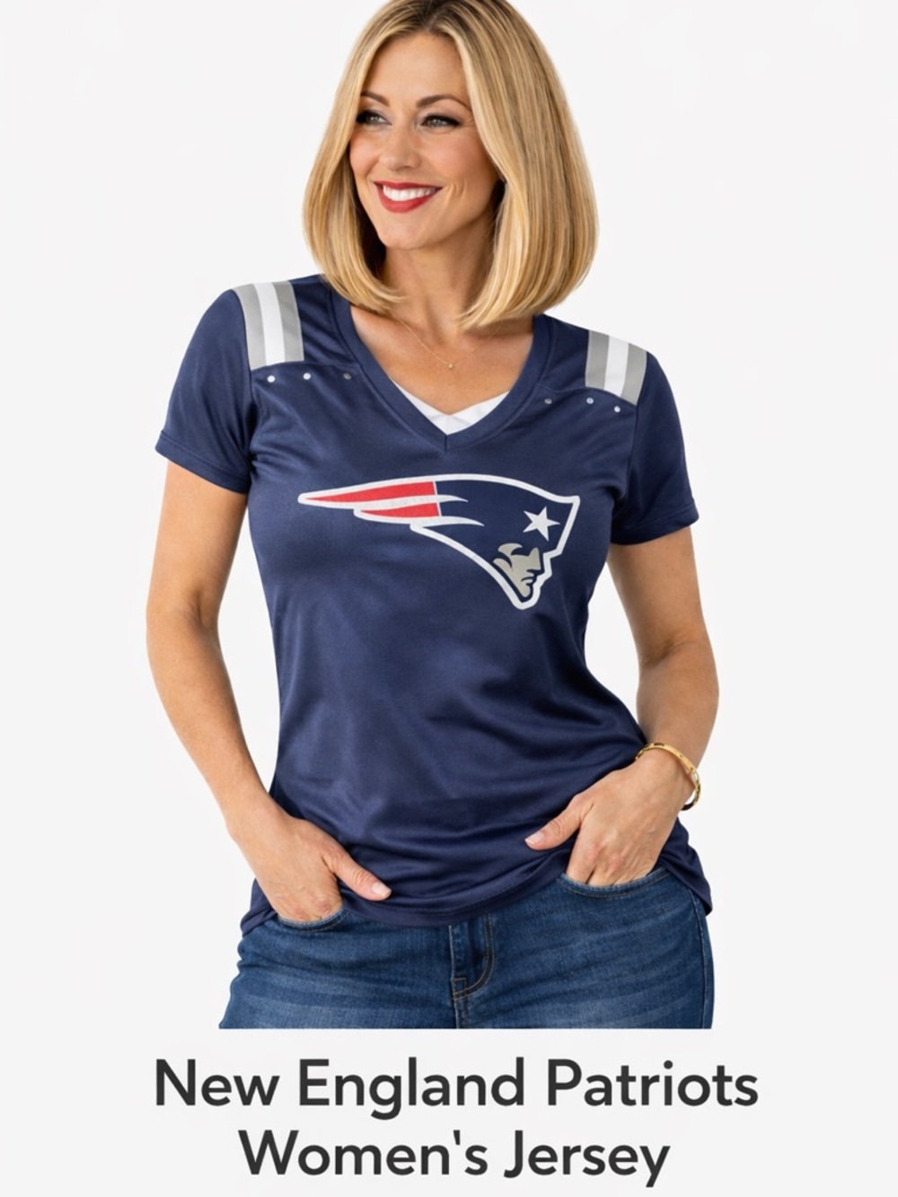 New England Patriots Women’s Jersey Tee Navy Studded V-Neck Medium